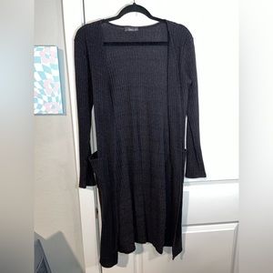 Black Ribbed Stretchy Long Sleeved Cardigan Duster Length Size Large-XL
